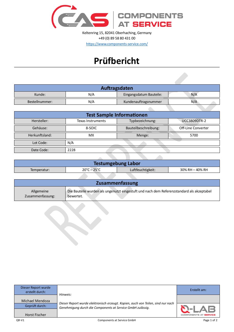 Test report, cover page